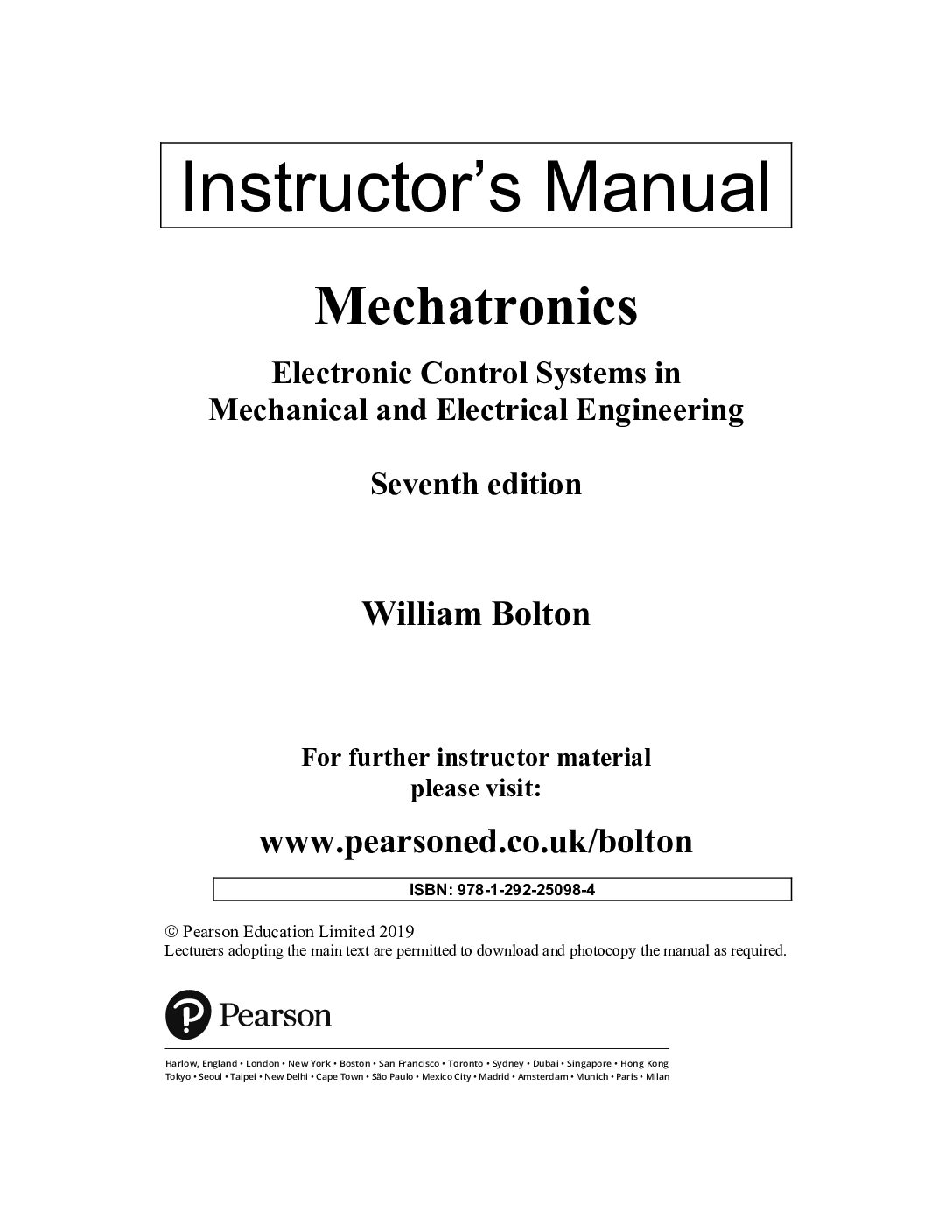Instructor Manual For Mechatronics Electronic Control Systems in Mechanical 7th Edition By William Bolton
